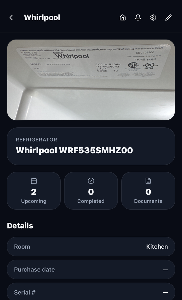 An appliance page showing a photo of the nameplate with the brand and model read from it