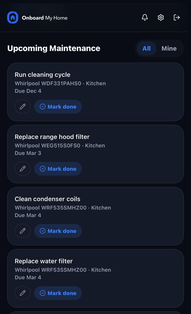 A list of upcoming maintenance tasks, each with its appliance, room and due date
